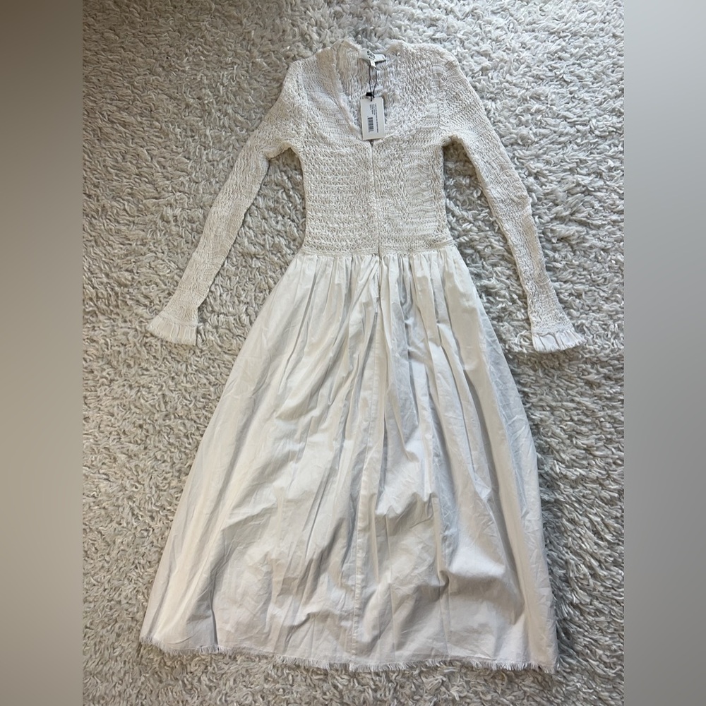 NWT Sea Casey Hand Smocked Long Sleeve Zip Front Dress In Eggshell - Picture 7 of 9